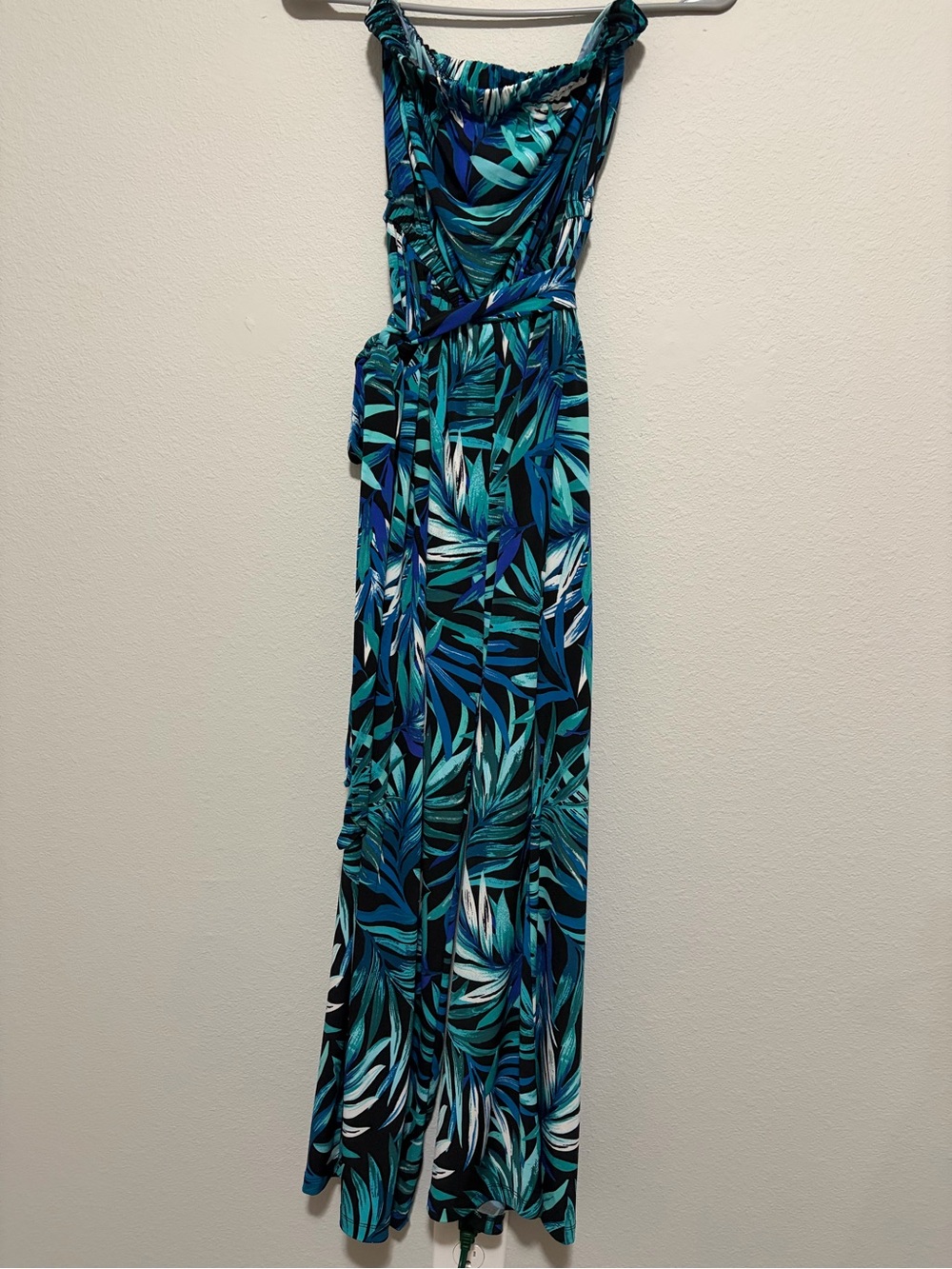 Sears Tropical Leaf Maxi Strapless Jumpsuit in Teal, Blue & White